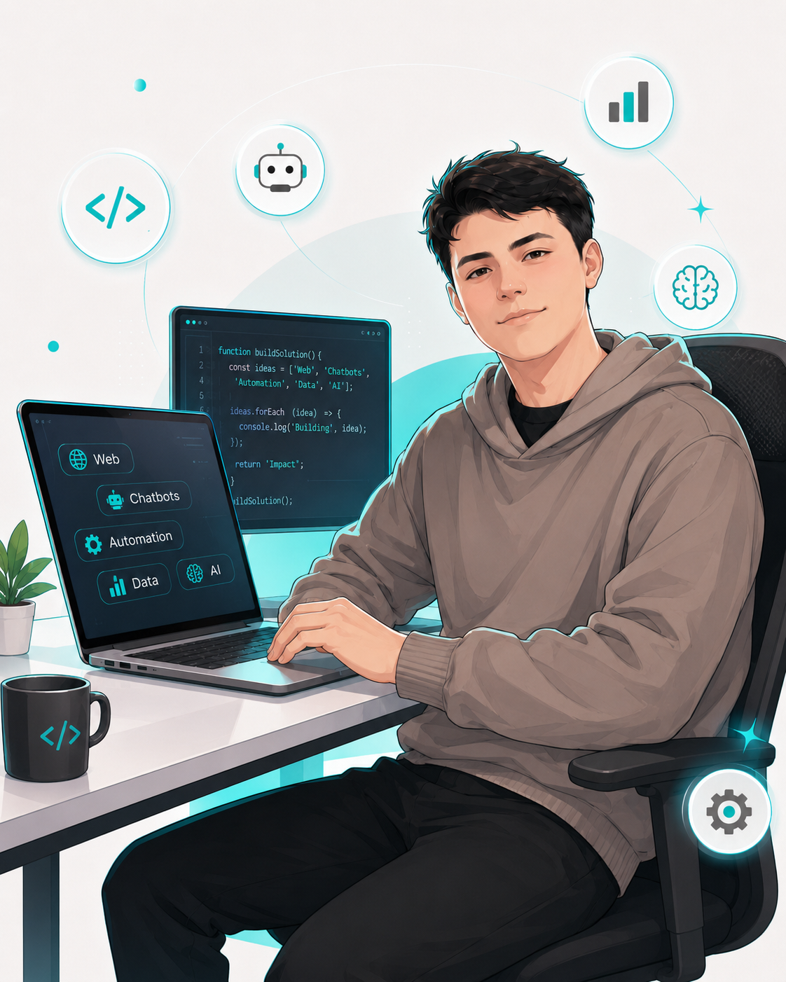 Kike Builds trabajando en soluciones web, chatbots, automatización, data y AI